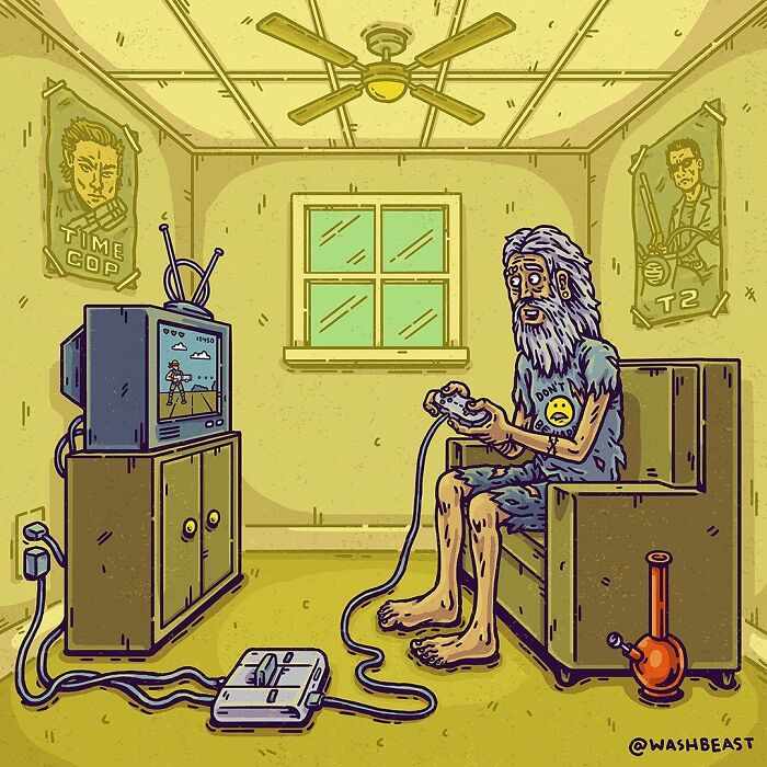 Surreal comic art showing a disheveled man playing an old video game in a strange, empty room with vintage posters and a bong.
