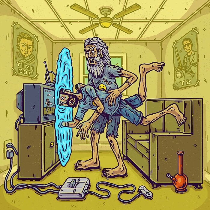 Absurd comics showing a surreal scene of two bizarre characters in a living room with a portal and retro gaming setup.