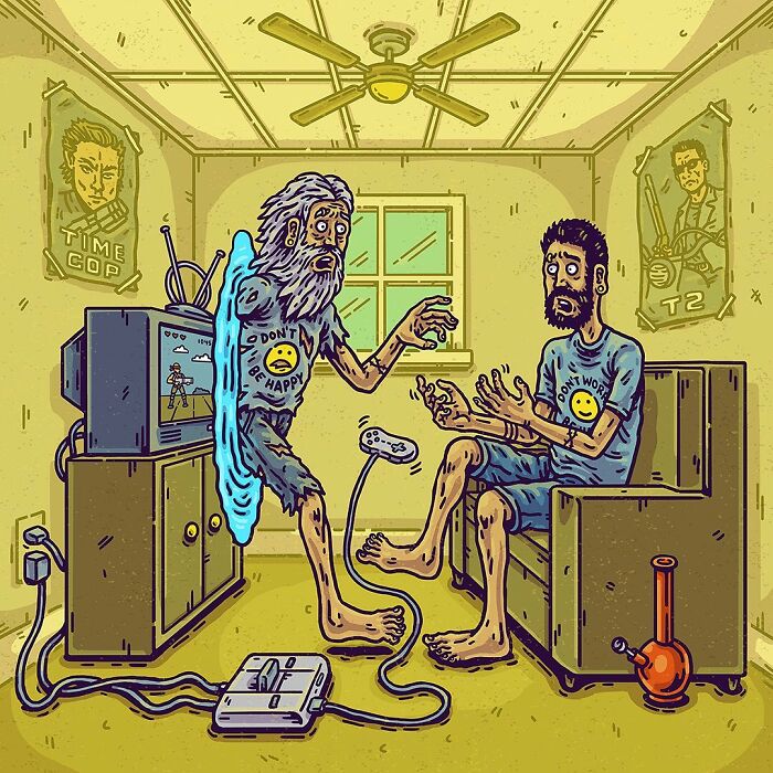 Surreal comic art showing a strange scene of two men in a room, one emerging through a portal, embodying absurd everyday moments.