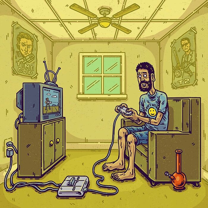Absurd comic scene of a surreal man playing video games in a strange, empty room with retro posters and a bong on the floor.