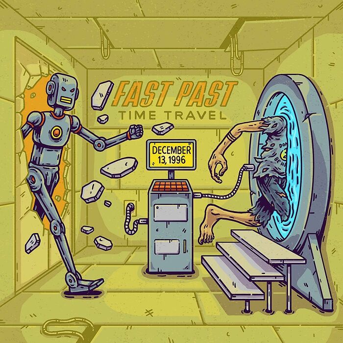 Absurd comic panel showing a robot and a surreal time travel portal with a distorted human figure emerging.