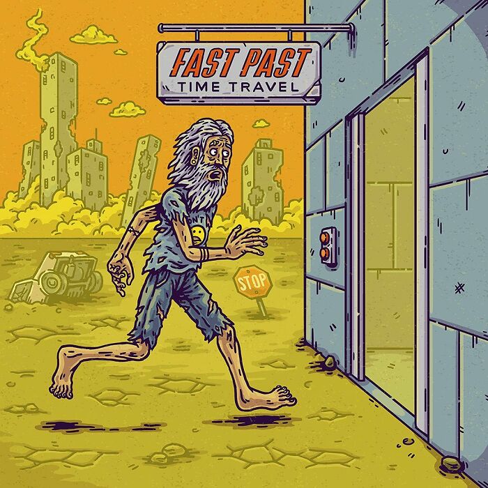 Absurd comic scene with a surreal old man running toward a fast past time travel portal in a dystopian cityscape.