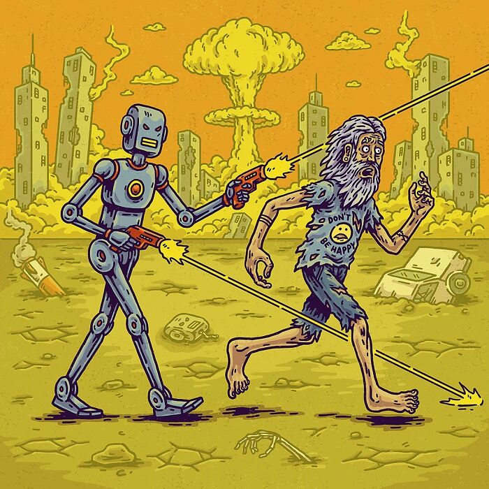 Surreal comic scene of a robot shooting a distressed man walking in a post-apocalyptic cityscape with nuclear explosion haze.
