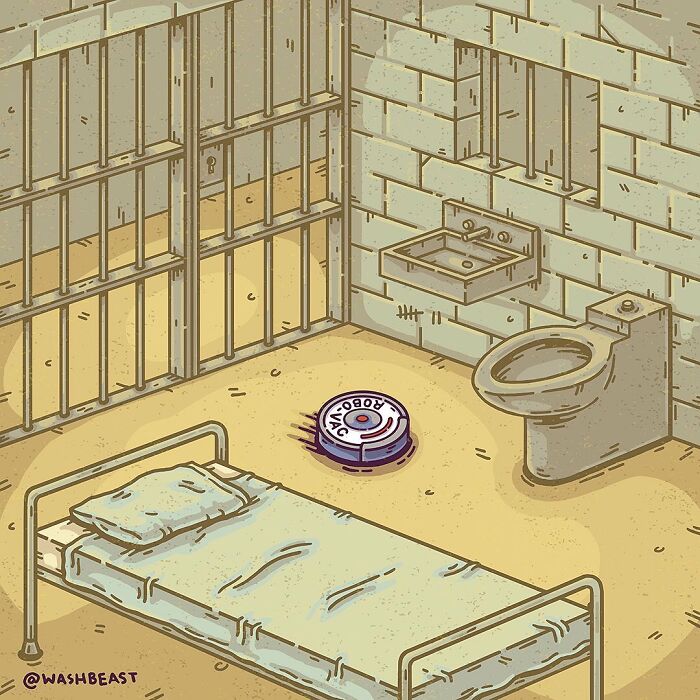 Surreal comic scene showing a prison cell with a robot vacuum cleaning the floor in an absurd everyday moment.