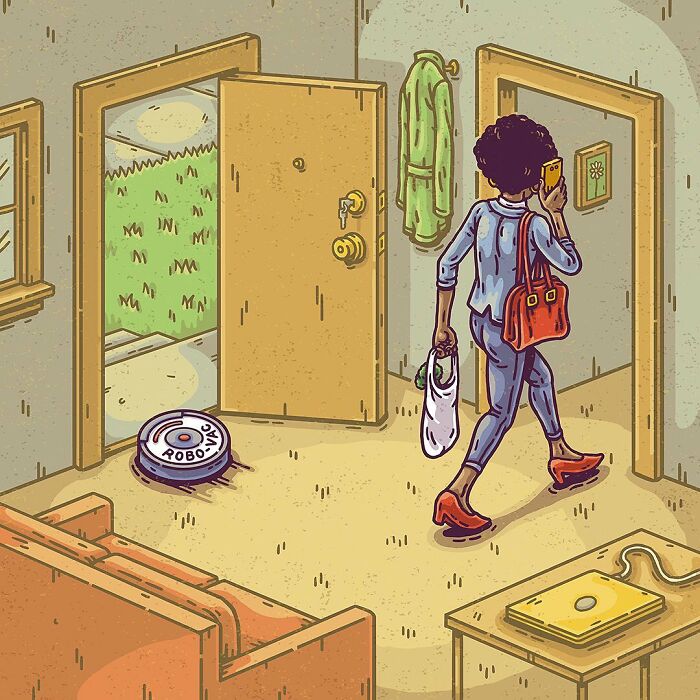 Woman walking out the door in a surreal comic scene featuring a robot vacuum and everyday household items.