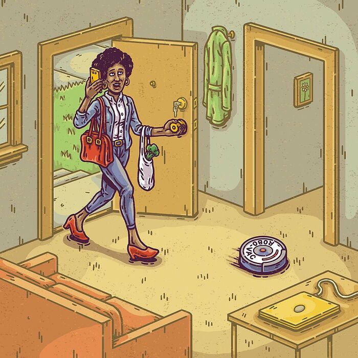 A surreal comic scene showing a woman entering a room with everyday items in an absurd, strange style.