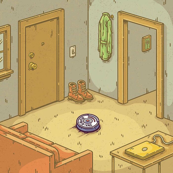Surreal comic scene showing a robot vacuum cleaning a living room with boots and a hanging coat.
