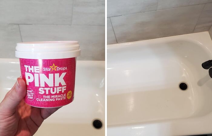 Hand holding pink cleaning paste container next to a clean bathtub, essential for adulting starter pack first apartment.