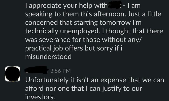 Screenshot of a toxic work environment message discussing unemployment and lack of severance amid employee concerns.