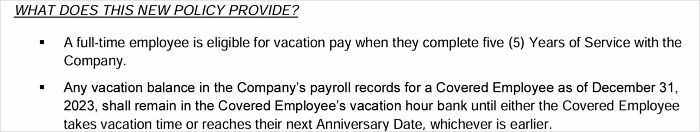 Screenshot of workplace policy text regarding vacation pay eligibility and vacation balance for employees in an extremely toxic work environment.