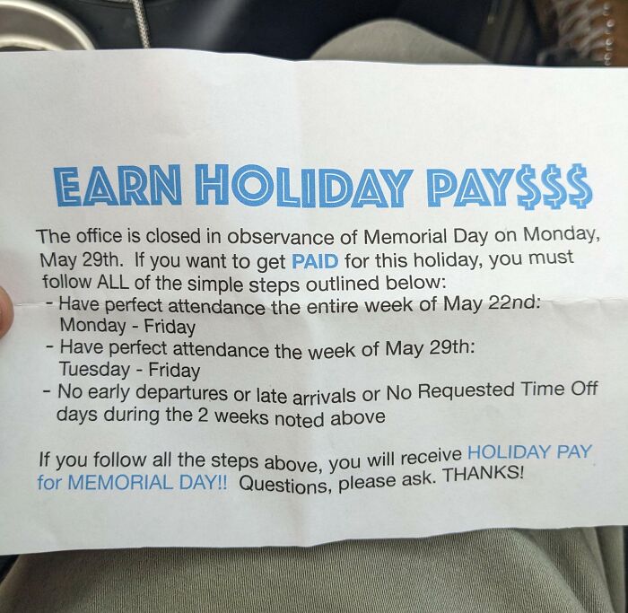 Notice about strict attendance rules to earn holiday pay illustrating extremely toxic work environments captured by employees.