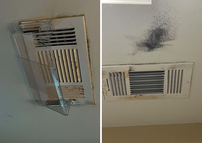 Dirty and damaged ceiling vents with rust and black stains in a toxic work environment captured by employees.