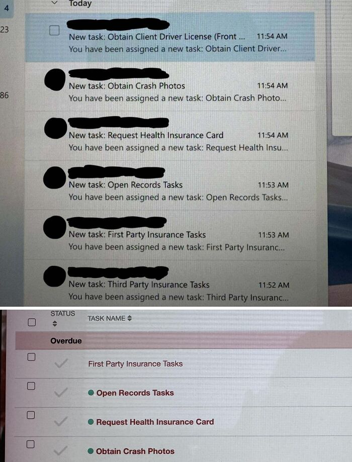 Task list screenshots showing multiple overdue insurance and records tasks in a toxic work environment setting.