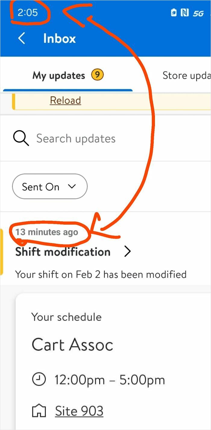 Shift modification notification on employee scheduling app showing changed work hours in toxic work environments.