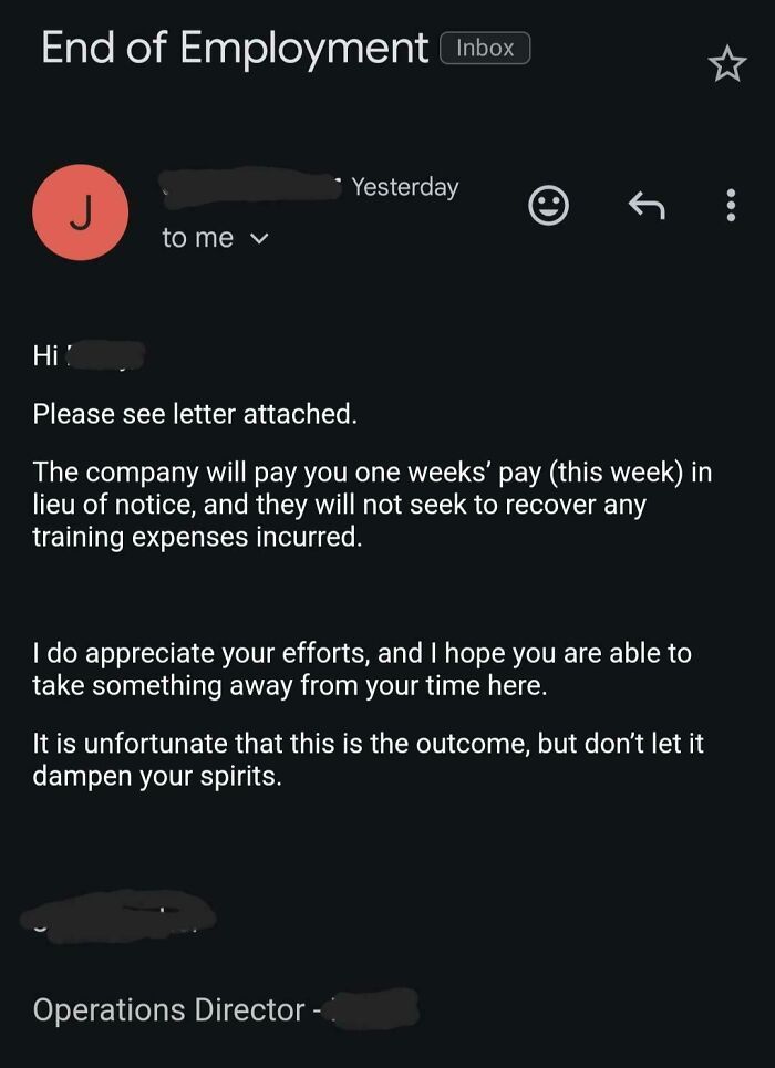 Email screenshot showing a message about end of employment with one week's pay and a toxic work environment.