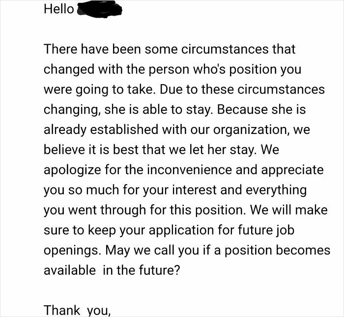 Rejection email explaining position filled due to company changes in an extremely toxic work environment.