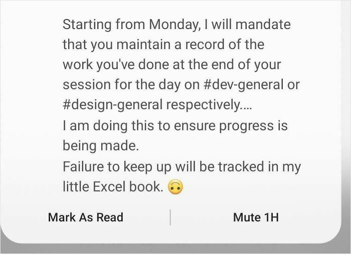 Screenshot of a message mandating detailed work tracking to ensure progress in a toxic work environment.