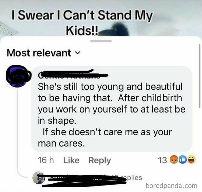 Screenshot of a misogynistic comment about postpartum body expectations sparking a reality check response online.