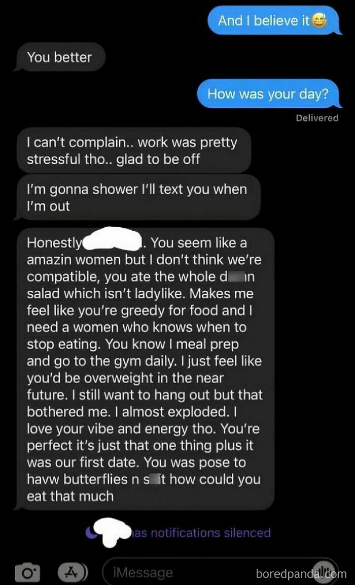 Text message screenshot showing a misogynistic rant criticizing a woman’s eating habits, fitting the misogynists reality check theme.