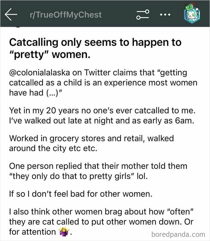 Reddit post discussing catcalling experiences highlighting misogynists facing a reality check on unwanted attention toward women.