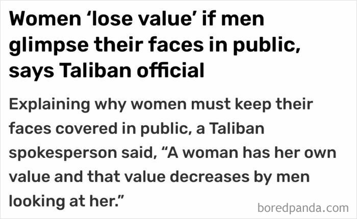 Text from Taliban official about women losing value if men glimpse their faces, highlighting misogynist views needing reality check.