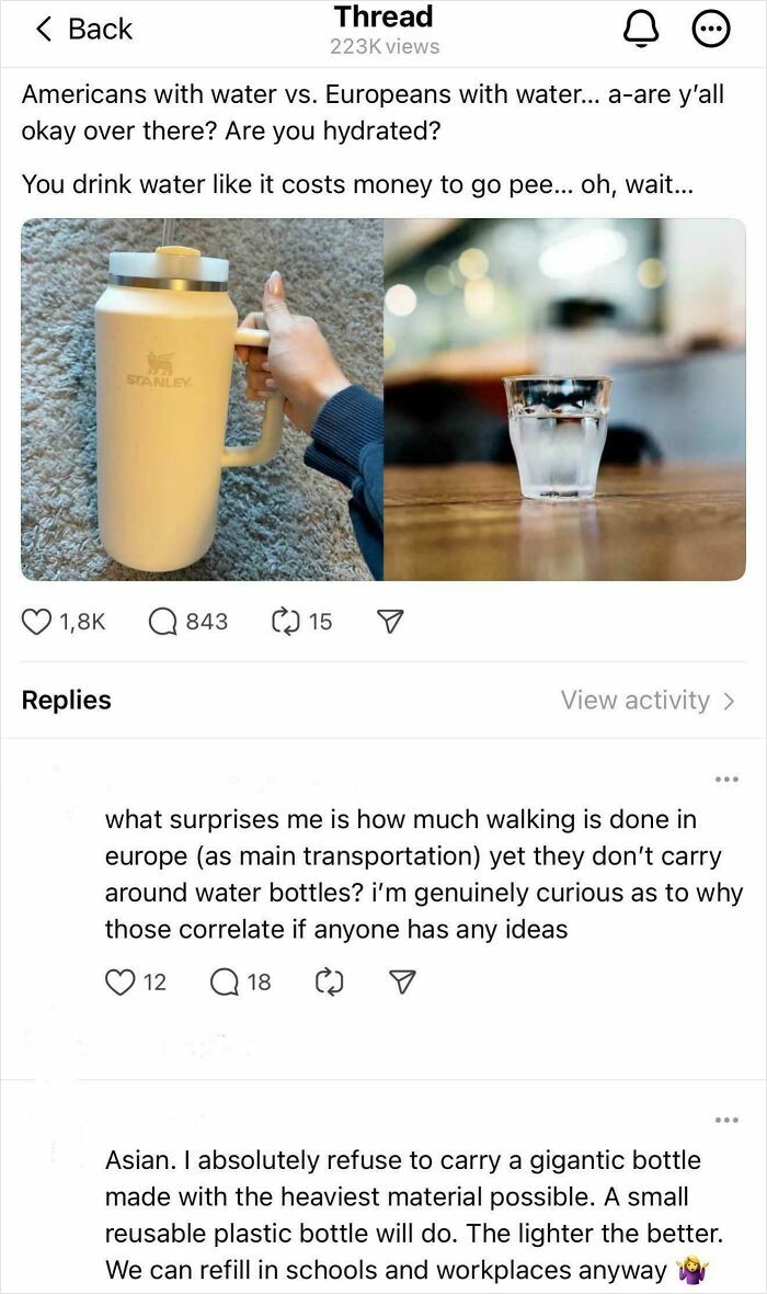 Comparison of American and European water drinking habits showing a large Stanley bottle versus a small glass of water.