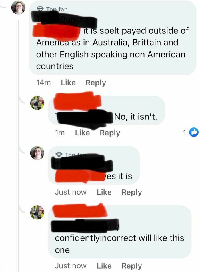 Screenshot of a social media comment thread showing a debate about spelling differences involving Americans.