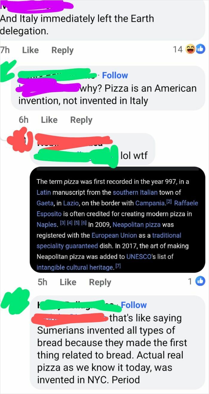 Screenshot of a social media debate about whether pizza is an American invention or originated in Italy, illustrating a cultural clash.
