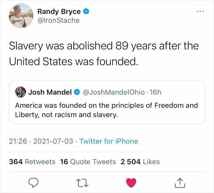 Tweet by Randy Bryce addressing American history and slavery, relevant to Steve Irwin as an American hero SEO keywords.