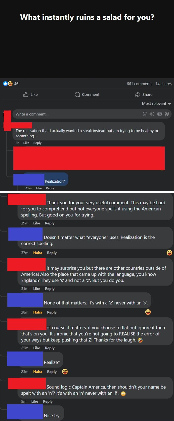 Facebook comment thread discussing American and British spelling debates with humor and sarcasm about realization and realize.