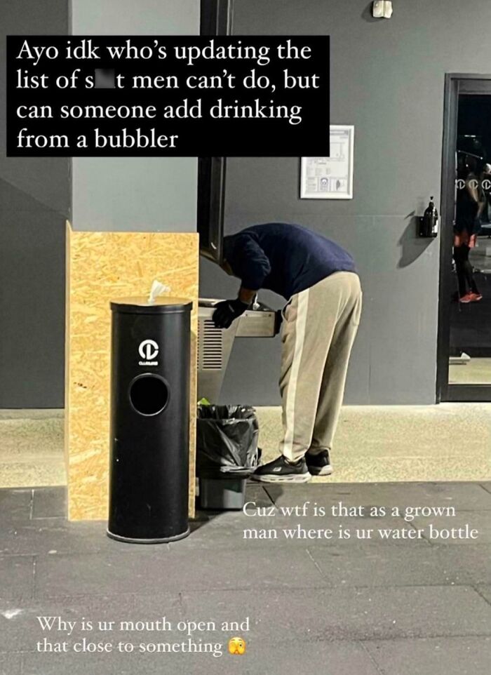 Man drinking directly from gym water fountain with text overlay about annoying gym moments and water bottles.