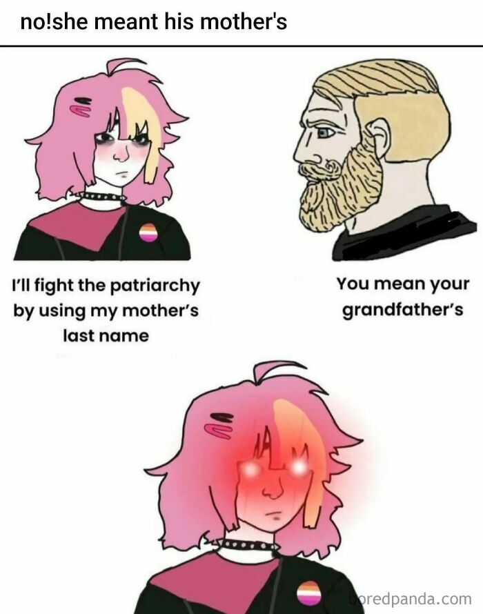 Young person challenges patriarchy by using mother's last name, while a man argues about grandfather's name in a reality check comic.