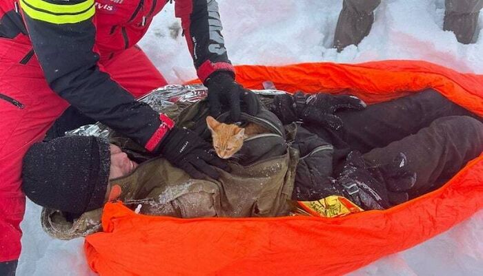 Rescuer in red jacket placing an orange cat on a person lying in snow inside an orange rescue blanket.
