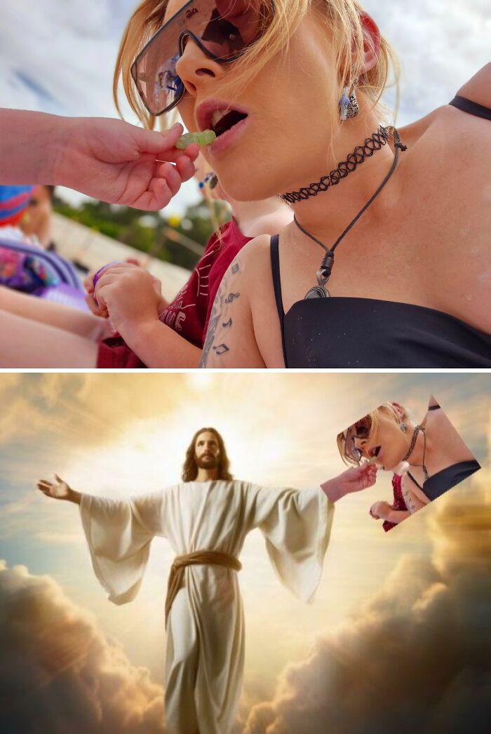 Photoshop fail showing a woman being fed by a hand edited humorously into a religious scene with a glowing figure in clouds.