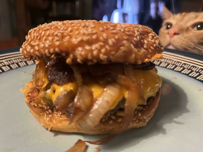 Close-up of a cheeseburger with caramelized onions on a plate while an orange cat watches intently nearby.