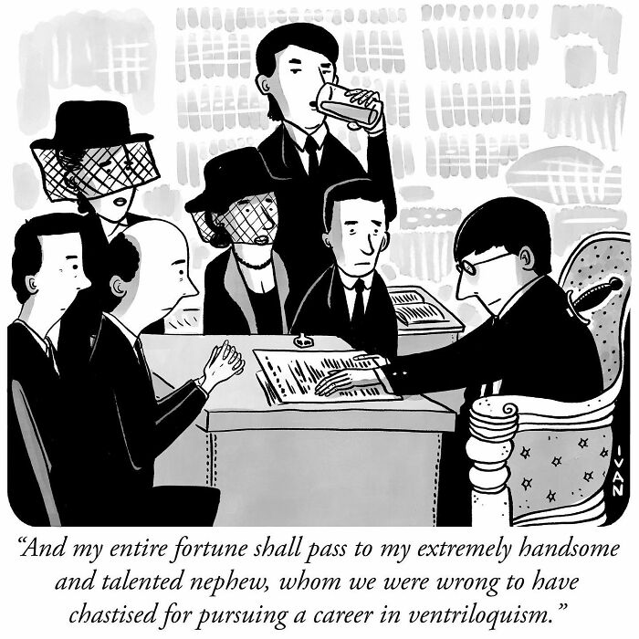 One-panel comic by Ivan Ehlers showing a family reading a will with a humorous ventriloquism twist.