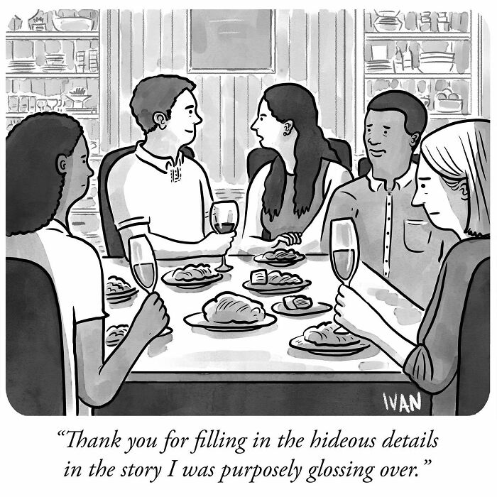 Group of people at dinner table in a one-panel comic by Ivan Ehlers with unexpected humorous dialogue.