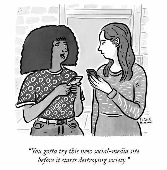 Two women using phones in a one-panel comic by Ivan Ehlers featuring unexpected social media humor.