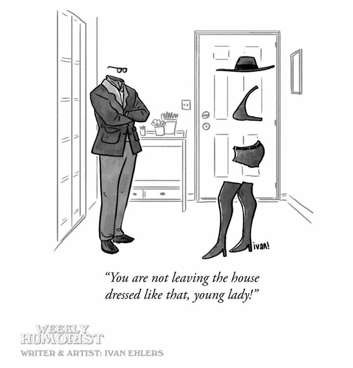 One-panel comic by Ivan Ehlers showing a man scolding an invisible person dressed in lingerie and boots.