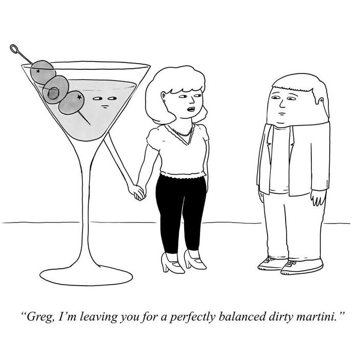 One-panel comic by Ivan Ehlers showing a woman leaving a man for a living dirty martini holding her hand.