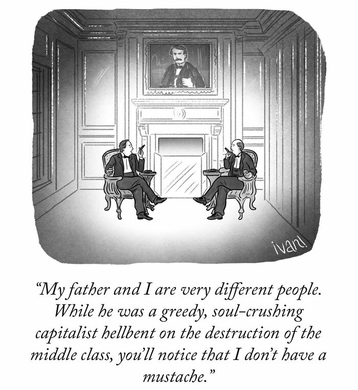 One-panel comic by Ivan Ehlers shows two men in suits discussing family differences with dark humor.