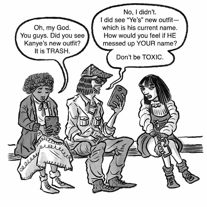 Three people discussing Kanye West's outfit in a hilariously unexpected one-panel comic by Ivan Ehlers.