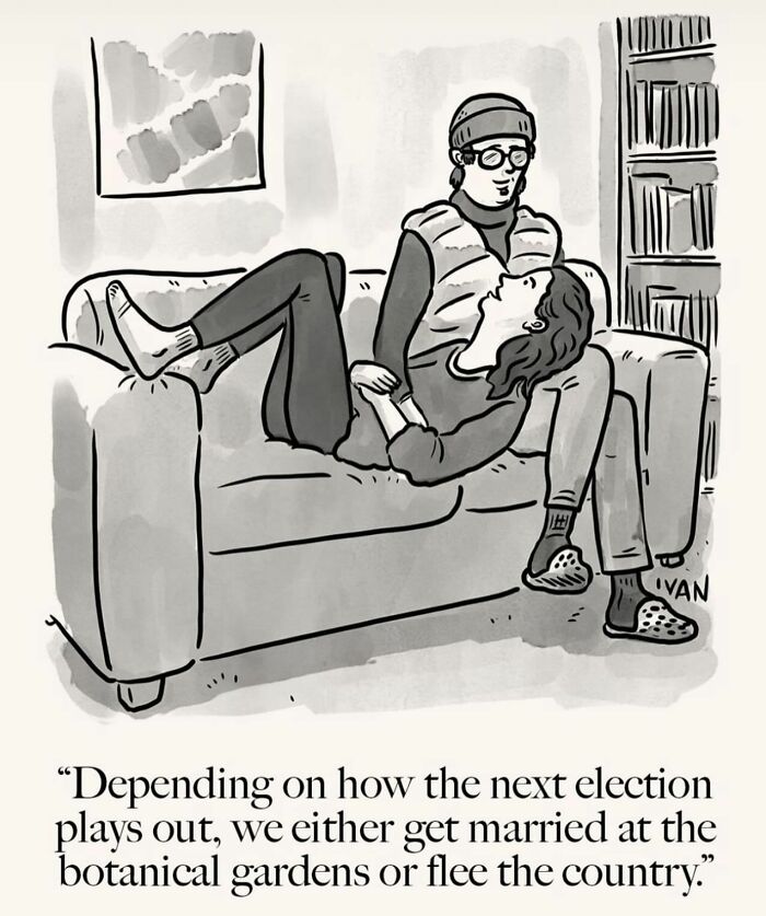 Couple sitting on a couch discussing future plans in a humorous one-panel comic by Ivan Ehlers with unexpected twist.