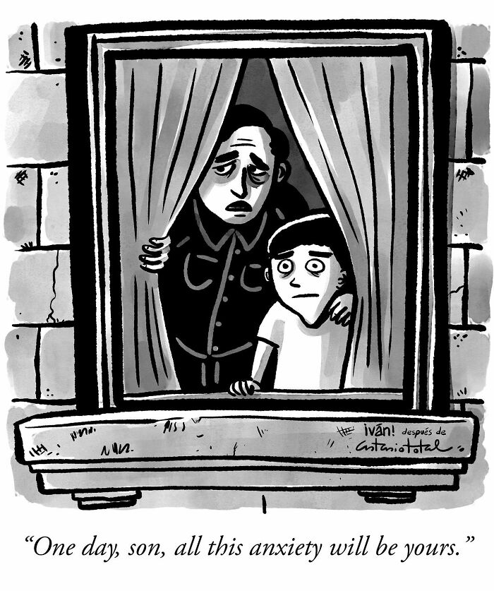 Black and white one-panel comic by Ivan Ehlers showing two worried figures looking out a window, capturing anxiety humor.