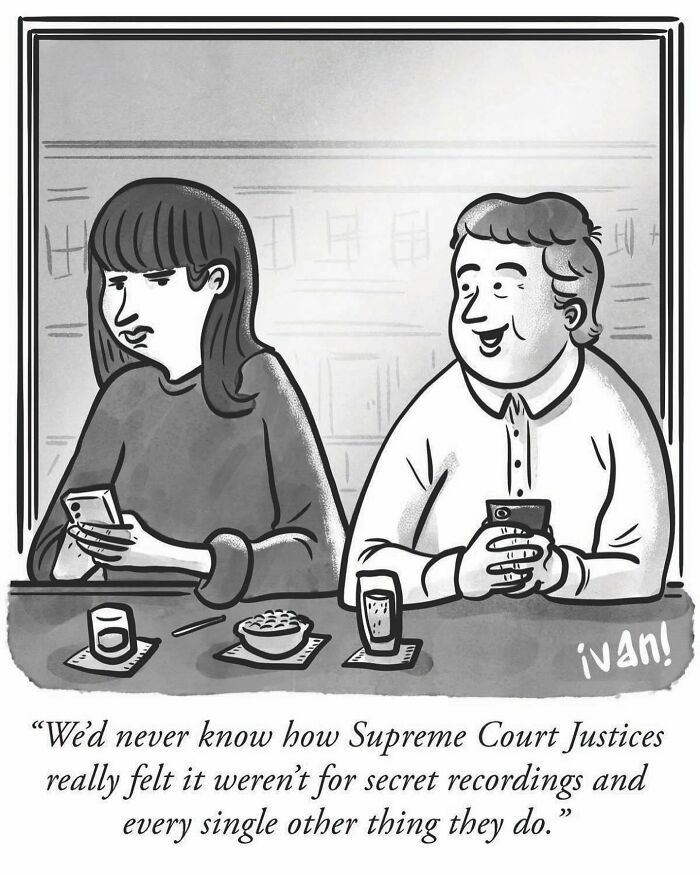 Cartoon of two people at a bar on their phones with a witty caption, a one-panel comic by Ivan Ehlers.