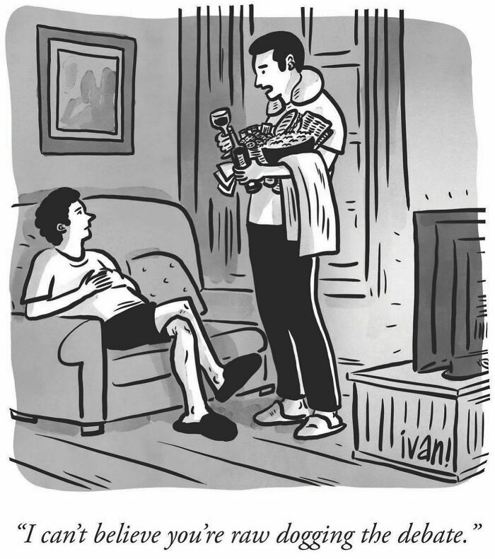 Black and white one-panel comic by Ivan Ehlers showing a man serving snacks to a woman on a couch.