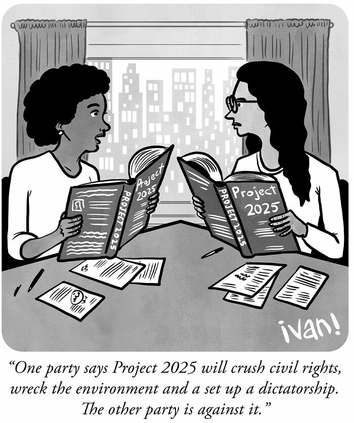 Two women reading Project 2025 books in a humorous one-panel comic by Ivan Ehlers with a surprising twist.