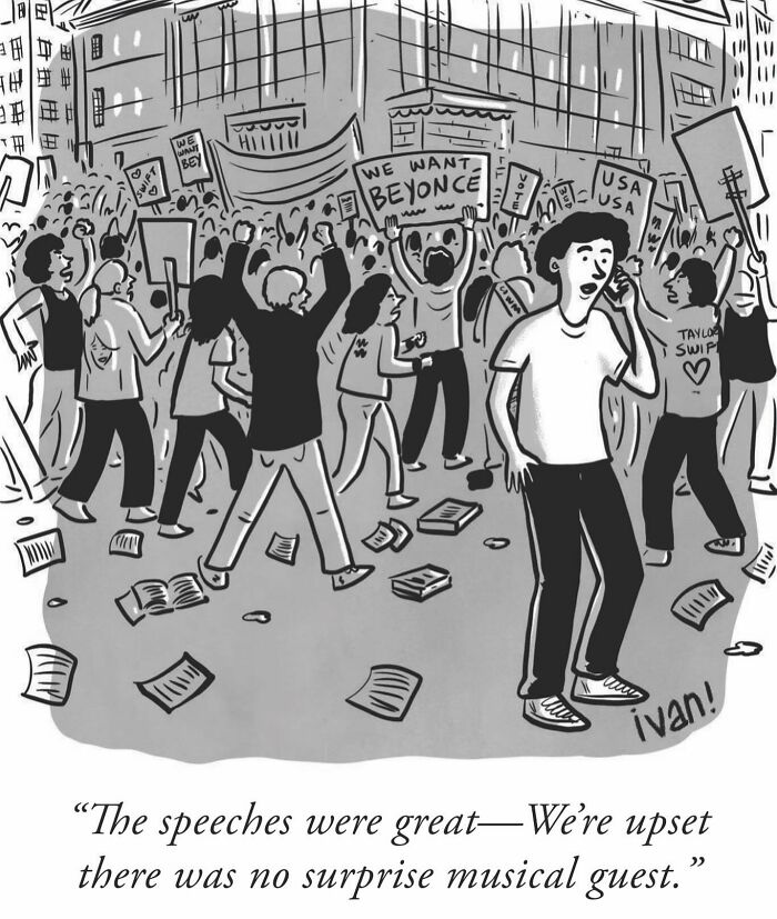 Crowd protesting and holding signs in a one-panel comic by Ivan Ehlers featuring an unexpected surprise element.