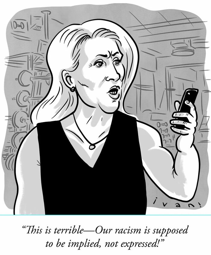 Woman with muscular arms looking shocked at phone in a hilariously unexpected one-panel comic by Ivan Ehlers.