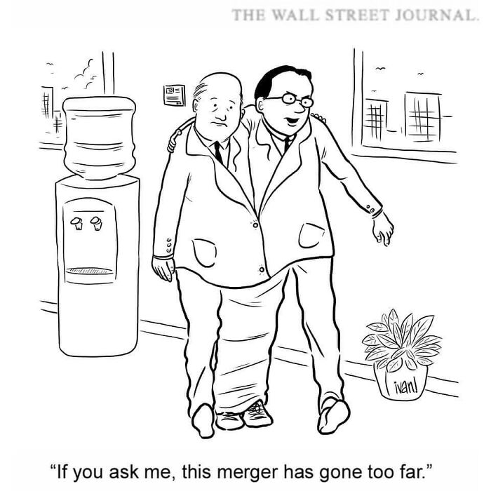 Hilariously unexpected one-panel comic showing two businessmen joined together, illustrating a funny merger situation.